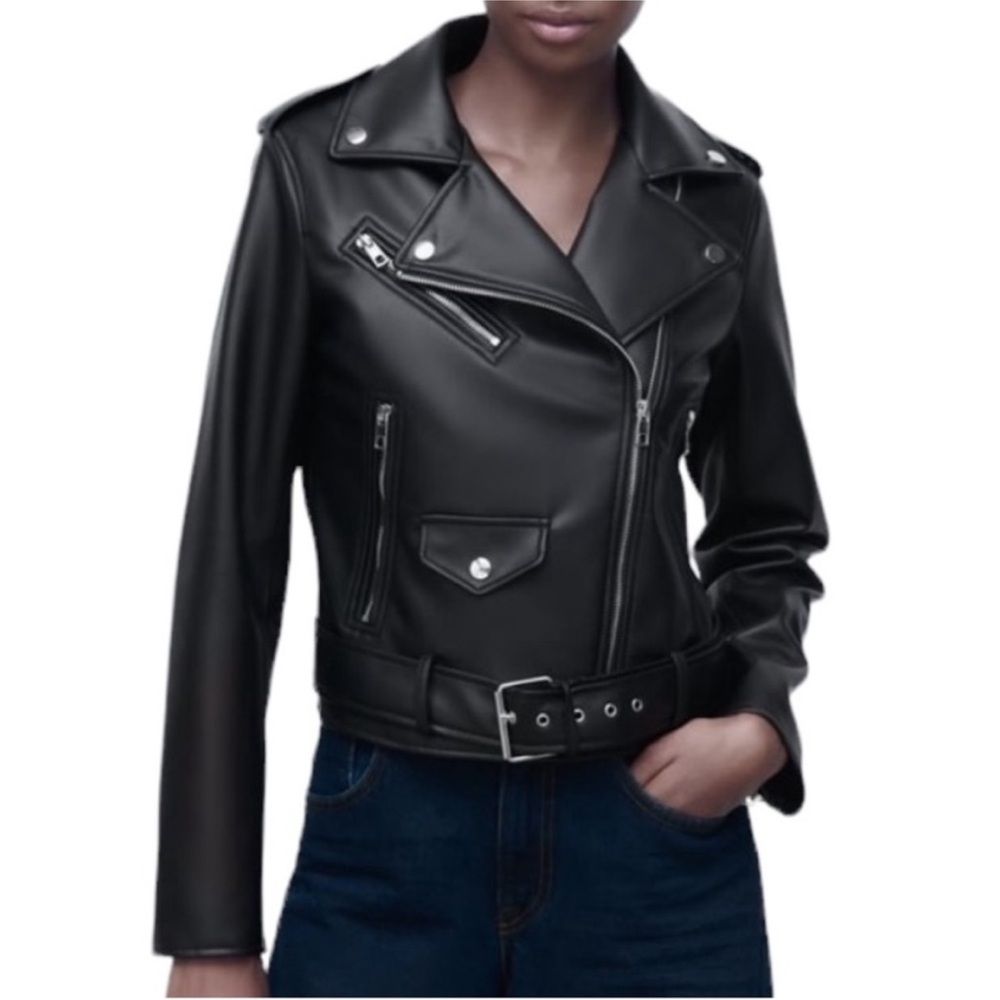 Zara Black Faux Leather Moto Jacket with Belt